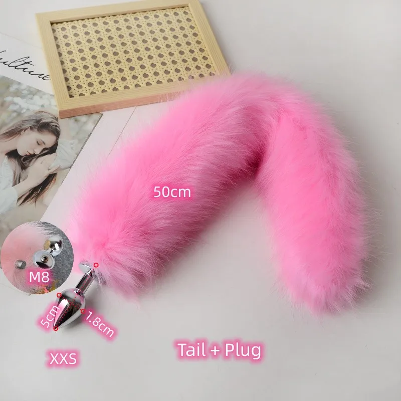 Anal Sex Toys of Long Pink Faux Fur Fox Tail with Stainless Steel Metal Butt Plug for Fetish Fantasy Flirting Adult Supplies