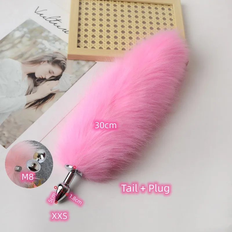 Anal Sex Toys of Long Pink Faux Fur Fox Tail with Stainless Steel Metal Butt Plug for Fetish Fantasy Flirting Adult Supplies