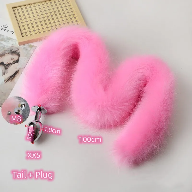 Anal Sex Toys of Long Pink Faux Fur Fox Tail with Stainless Steel Metal Butt Plug for Fetish Fantasy Flirting Adult Supplies