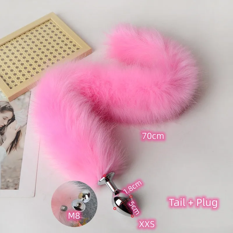 Anal Sex Toys of Long Pink Faux Fur Fox Tail with Stainless Steel Metal Butt Plug for Fetish Fantasy Flirting Adult Supplies