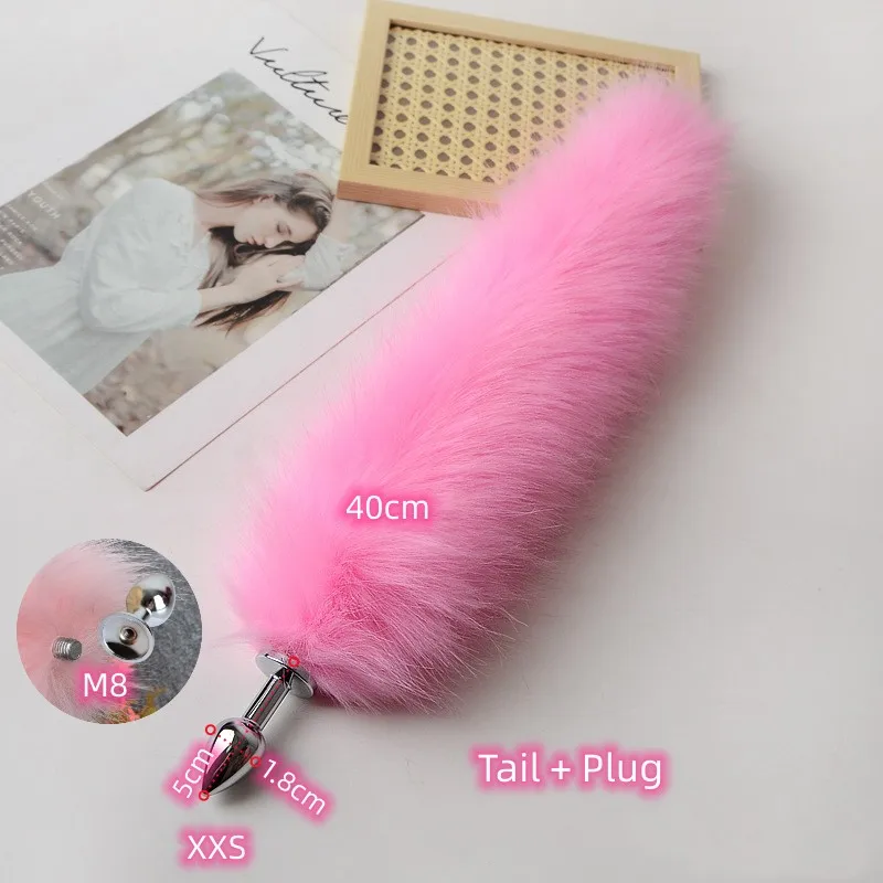 Anal Sex Toys of Long Pink Faux Fur Fox Tail with Stainless Steel Metal Butt Plug for Fetish Fantasy Flirting Adult Supplies